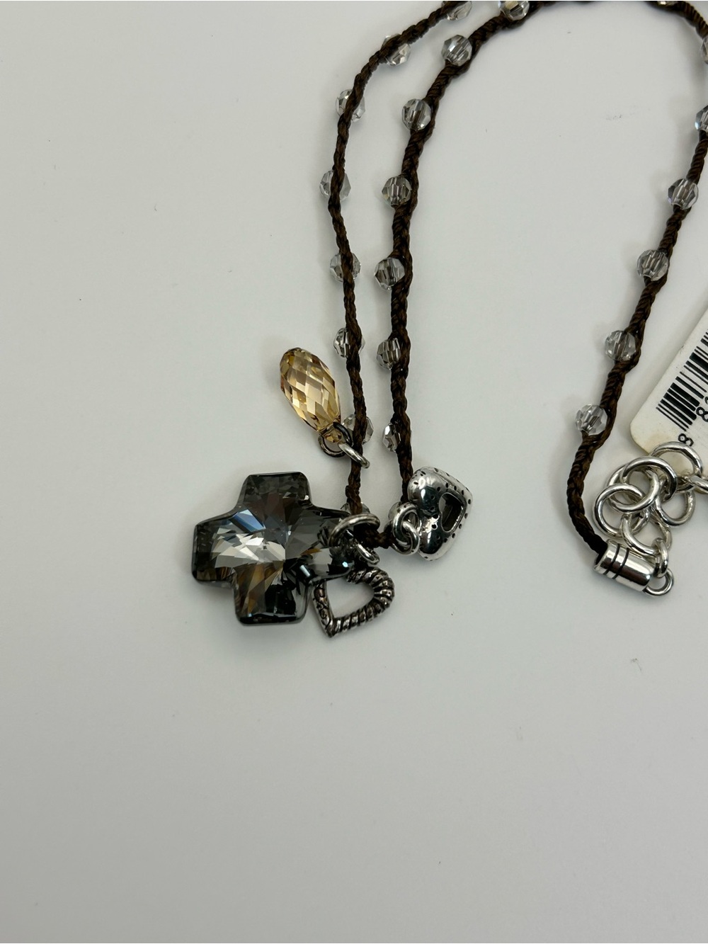 Brighton Karma Cross Necklace Brown Beaded Cord Smoky Gray Crystal Cross J45372 - Picture 13 of 14